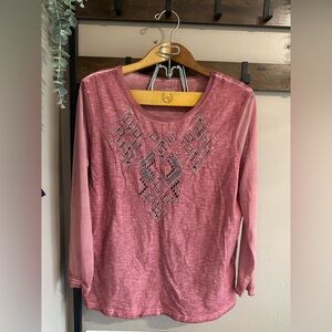Stylish Pink Western Long Sleeve Women's Top with Rhinestoned and sheer sleeves